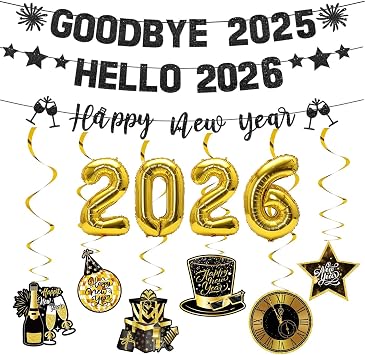 Glitter Goodbye 2025 Hello 2026 Banner Happy New Year Decorations New Year Banner Hanging Swirls Decorations for 2026 New Years Eve Party Supplies