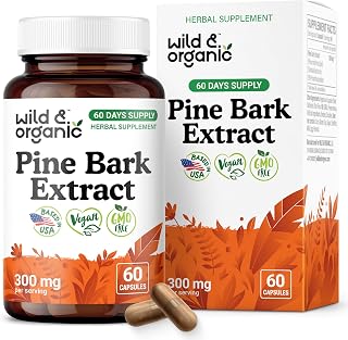 Wild & Organic Pine Bark Extract Capsules 300 mg - Antioxidant Support - 95% Proanthocyanidins - 60 Capsules - French Maritime Pine Bark Extract - 2-Month Supply - Pinus Maritima - Vegan, Non-GMO