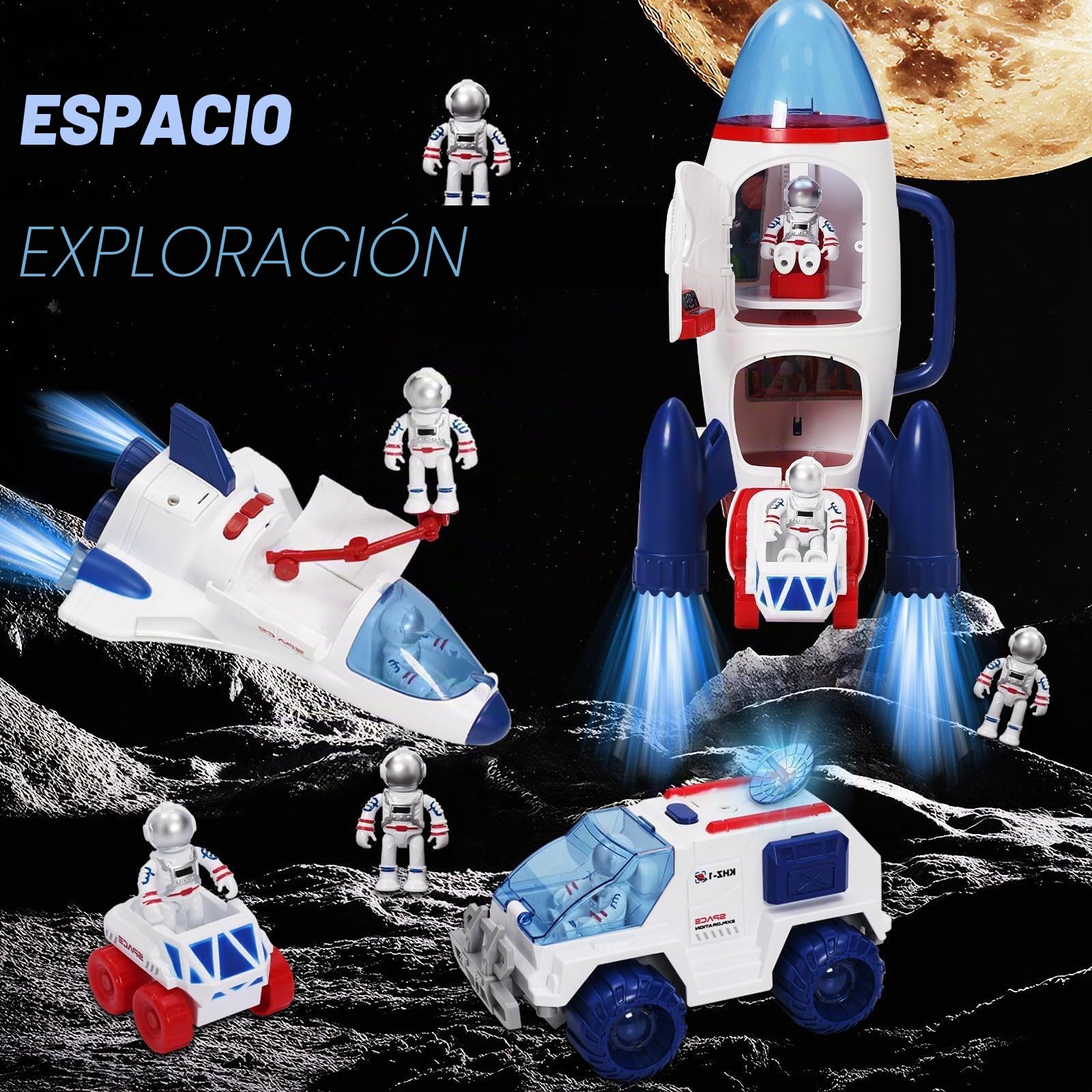 Cohete Espacial Juguete, Juego de Cohete con Sonido y Luces, Juguetes y Juegos del Espacio para niños con Rover Espacial, Astronauta, Nave, Juguetes Educativos para Niños