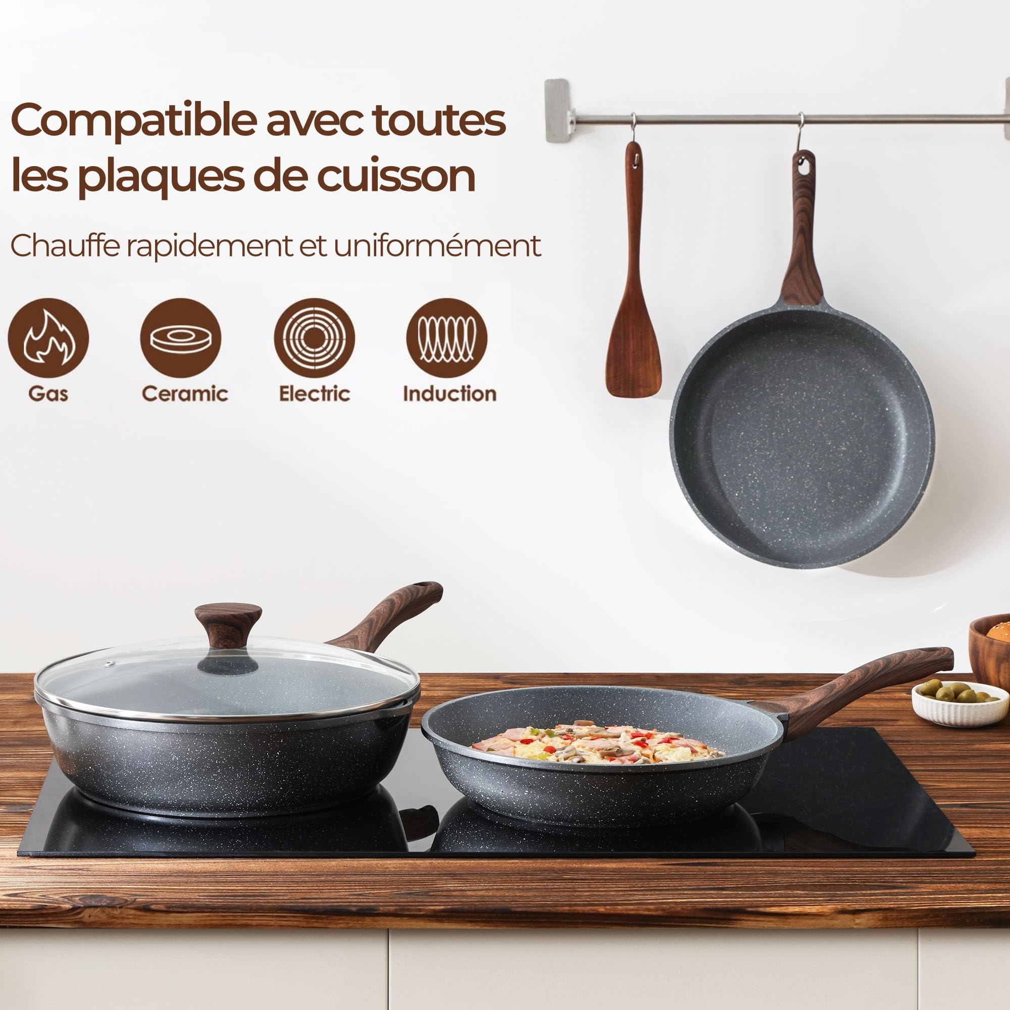 SENSARTE Poêle 24 cm, Revêtement Granit Antiadhésif, Compatible Tous Feux Dont Induction, Manche Restant Froid, Lavable au Lave-Vaisselle - Réussissez vos Oeufs au Plat & Steaks Saignants