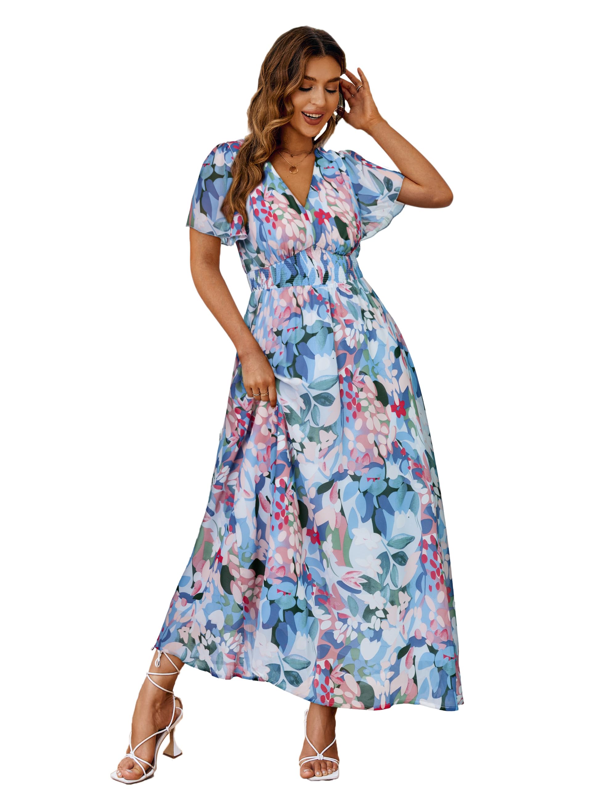 Simplee Women's Boho Floral Maxi Dress Flowy Casual V Neck Short Sleeve Wedding Guest Holiday Beach Long Dress