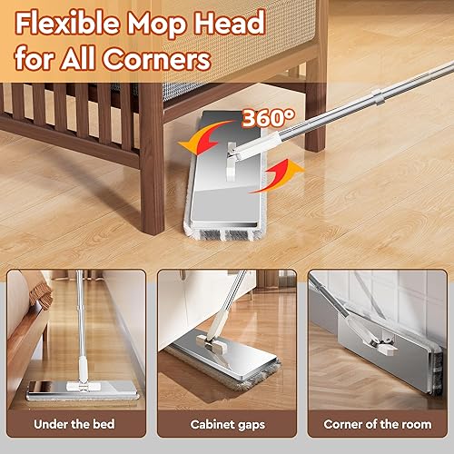 Miniatura 6 de Separa el trapeador de agua sucia, la fregona plana y el cubo para el hogar con 4 recambios adicionales, trapeador de acero inoxidable y cubo con