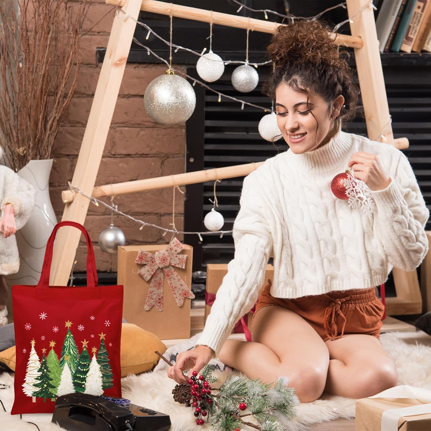 Whaline Christmas Canvas Tote Bag Xmas Tree Snowflake Grocery Shopping Bag Red Reusable Gift Goodie Bags for Winter Holiday Party Supplies, 13.4 x 15.7 Inch - Image 5