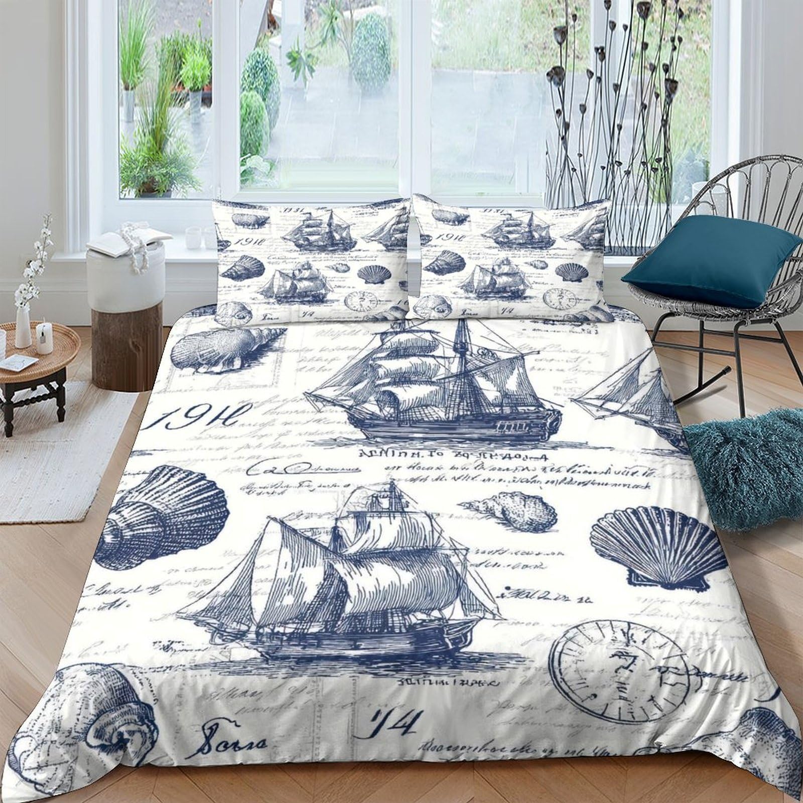 GPLZQXKJNH 3D Printed Vintage Sailing Ship Duvet Cover Microfiber Soft Breathable Nautical Shell Bedding Set with 2 Pillowcases for Bedroom Decor Single（135x200cm）