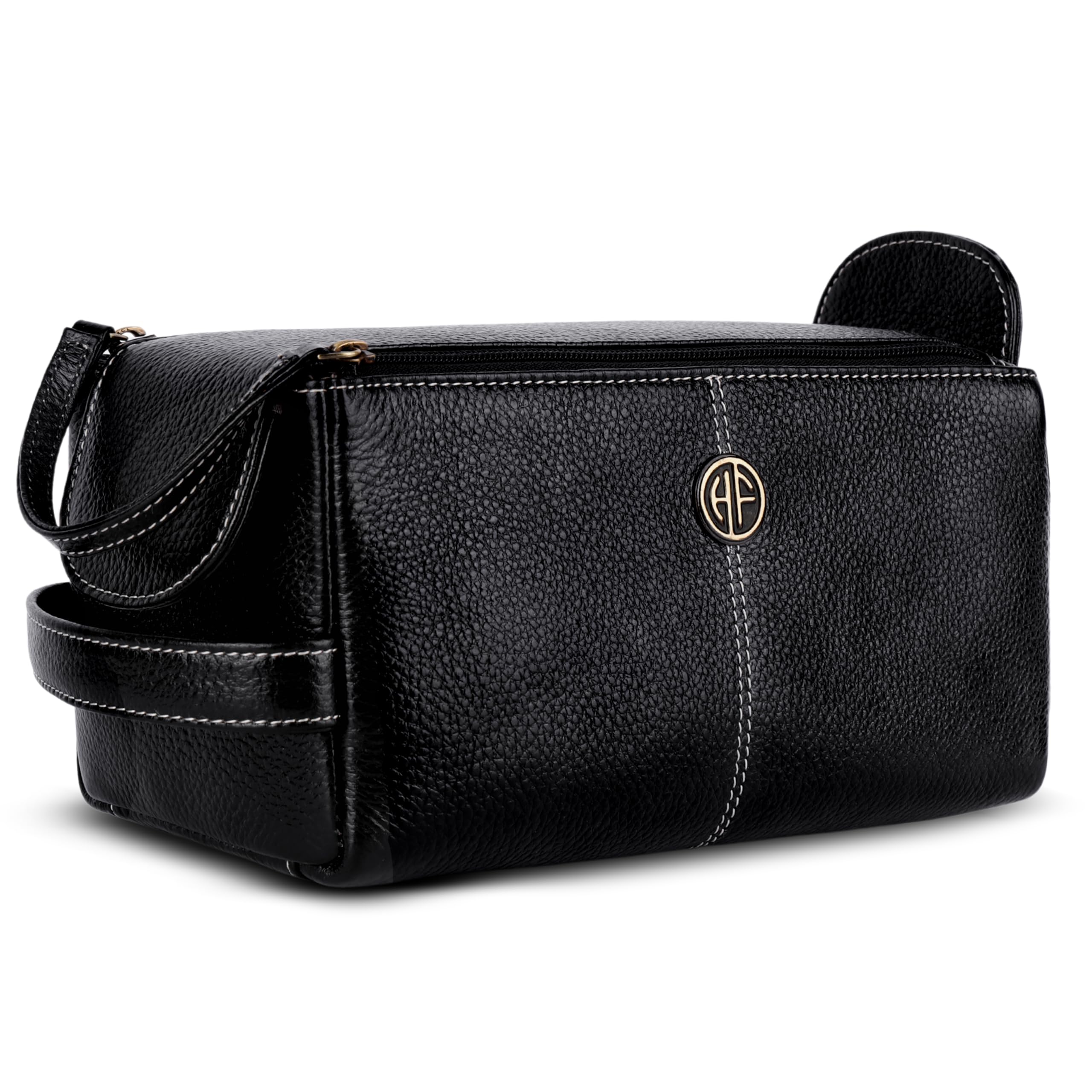HAMMONDS FLYCATCHER Neceser de viaje unisex de piel auténtica para adultos, estuche de aseo de viaje, organizador de higiene y aseo, piel libre de crueldad animal y cosido a mano, color negro, Black