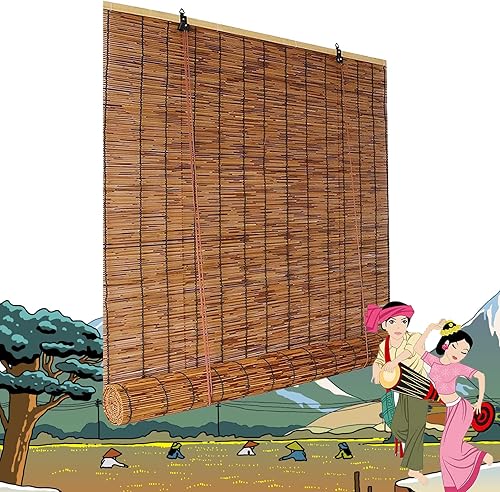 Miniatura 31 de Persianas de bambú enrollables para exteriores, persianas retro con elevador, para privacidad en interiores y exteriores, 59 x 63 pulgadas