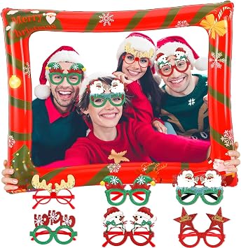 MOUNTCLI Large Christmas Photo Booth Frame 30x25.6 inch and 6 Christmas Glitter Glasses Inflatable Xmas Photo Booth Props Picture Selfie Props for Winter Xmas Holiday Party Favors Supplies