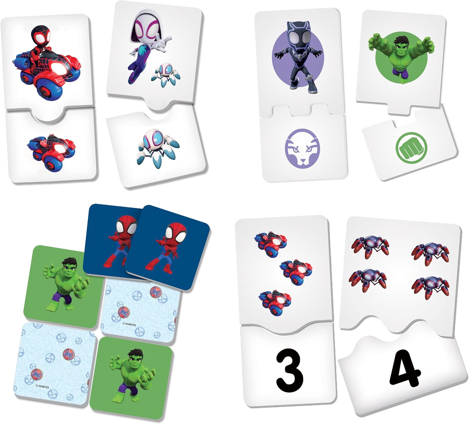 Close-up of various matching game cards, including character pairs and number-to-quantity matches.