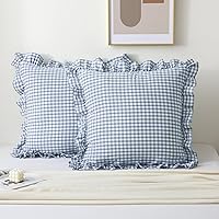 Vista 7 de Paquete de 2 fundas de almohada europeas a cuadros azul polvoriento, blanco, a cuadros, 100% algodón lavado, a cuadros, estilo francés, rústico