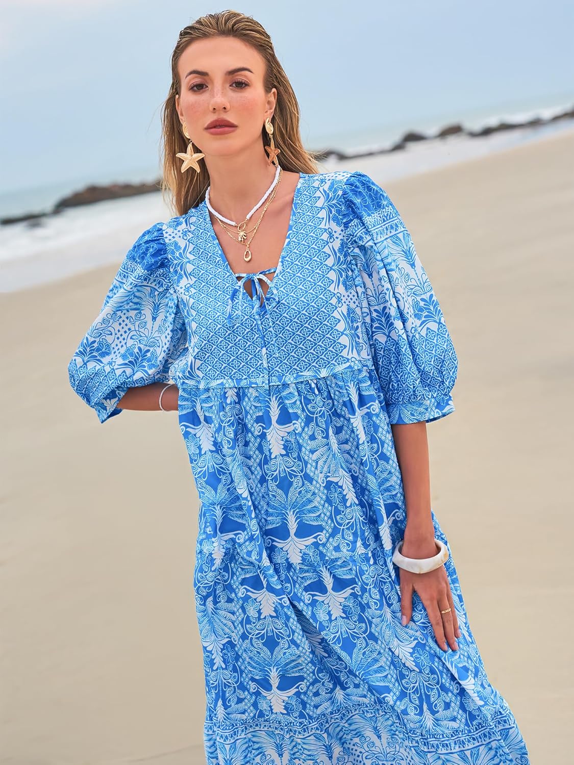 Women's Floral Boho Maxi Dress 2026 Summer V Neck Puff Sleeve Casual Loose Flowy Long Beach Dresses - Image 6