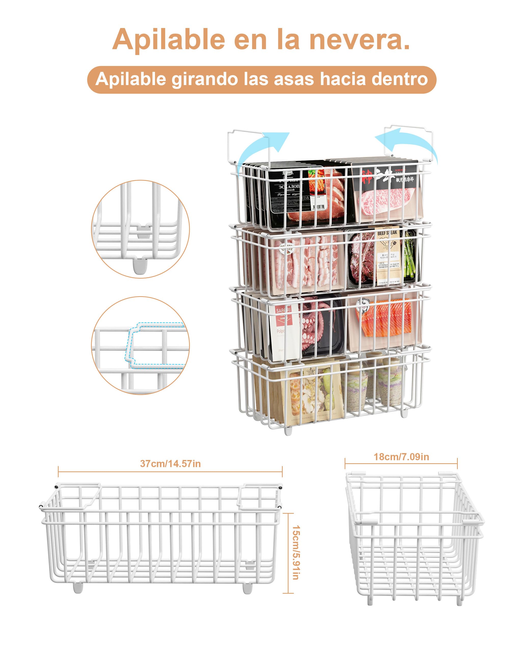 UMDONX Cesta para Congelador de 4 piezas blanco - Cestas apilables para congelador con asa, fácil acceso, para congelador de 198L, organizar ingredientes congelados (37x18x15cm)