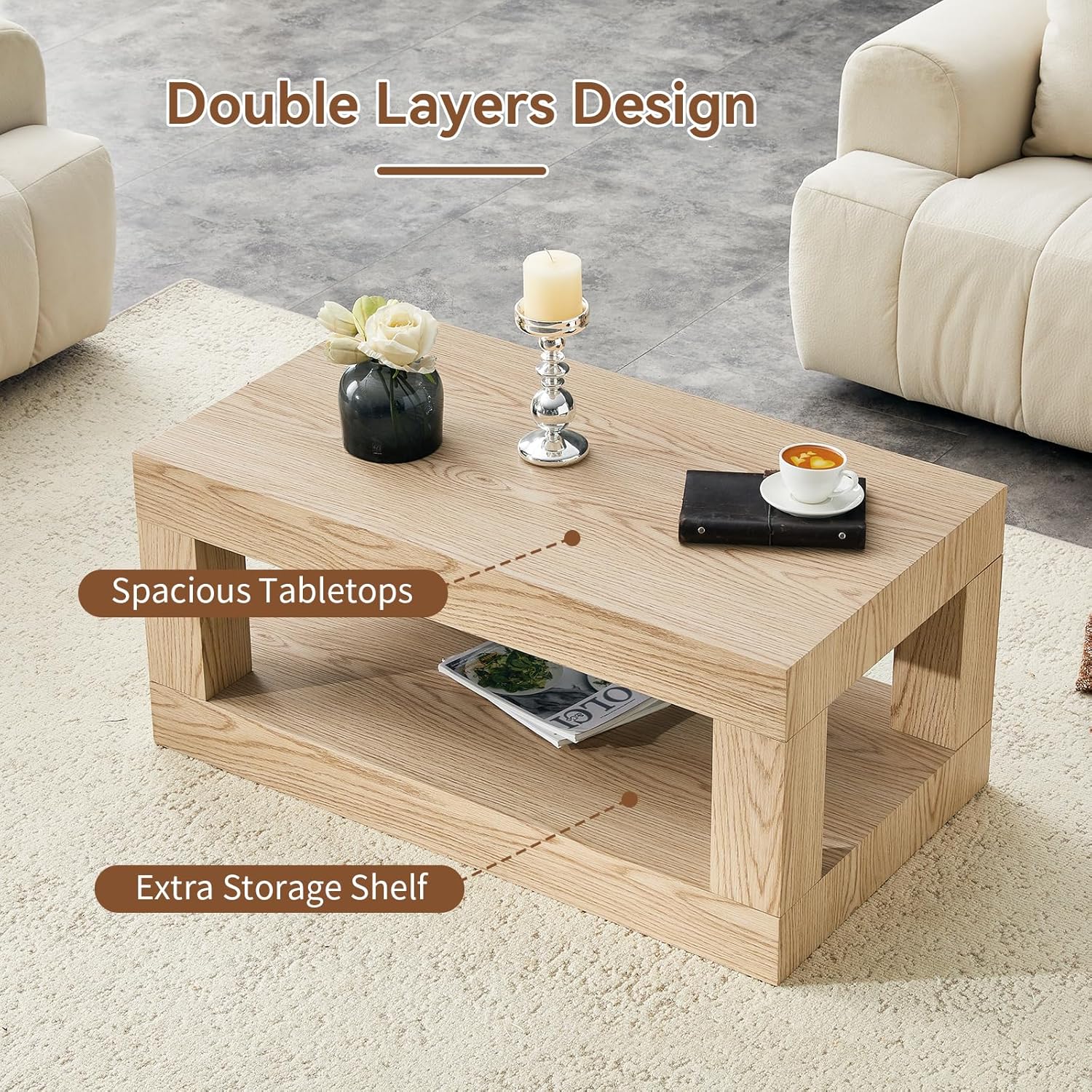 2-Tier Coffee Table with Storage, 39.4" Mid Century Rectangular Center Table, Farmhouse Large Accent Table with Thick Tabletop for Living Room, Office, Apartment (Natural)