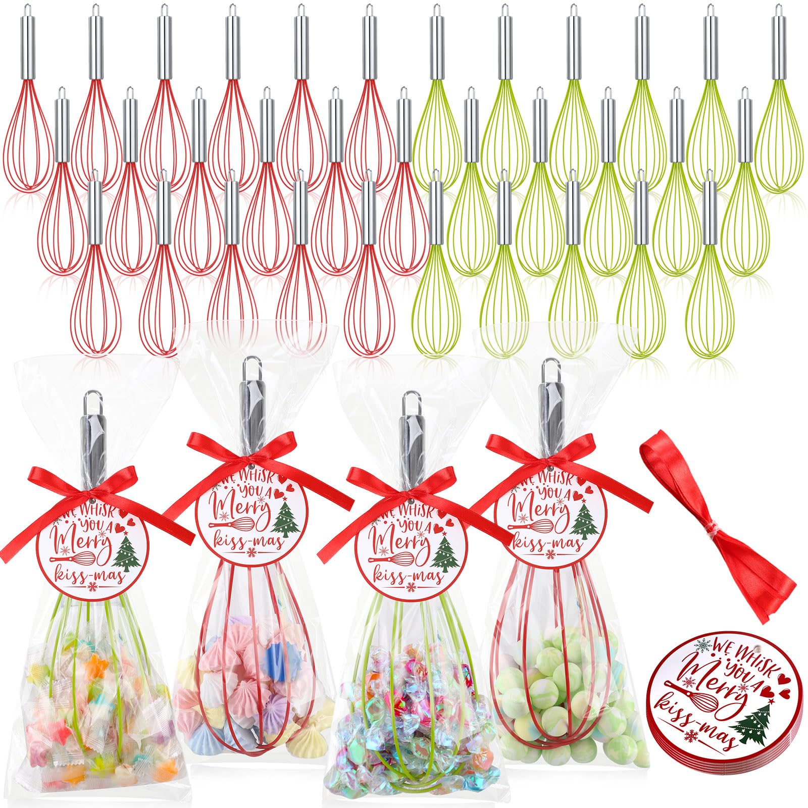 FoldTier 100 Sets 12 Inch Christmas Whisks Gifts DIYFillable Christmas Tree Ornaments Xmas Colored Silicone Whisks for Cooking Heat Resistant Egg Beaters with Card Rope Bag for Candy Holder