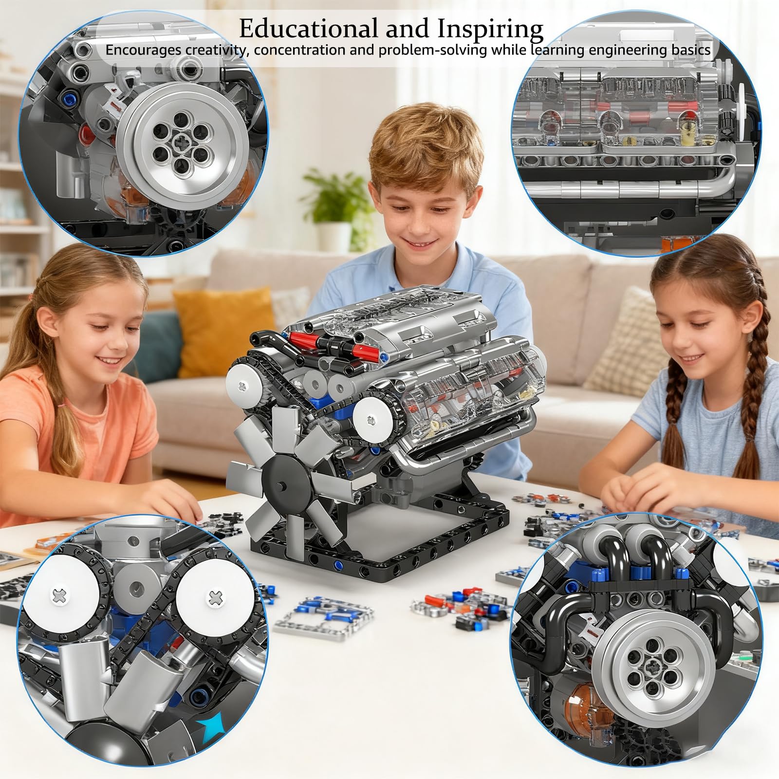 V8 Engine Model Kit 535 PCS Build Your Own Mini Working Engine, Educational 8-Cylinder Petrol Car Engine Replica, Creative Gift Building Kit for Teens Adults Boys Girls 14 Plus - Image 3