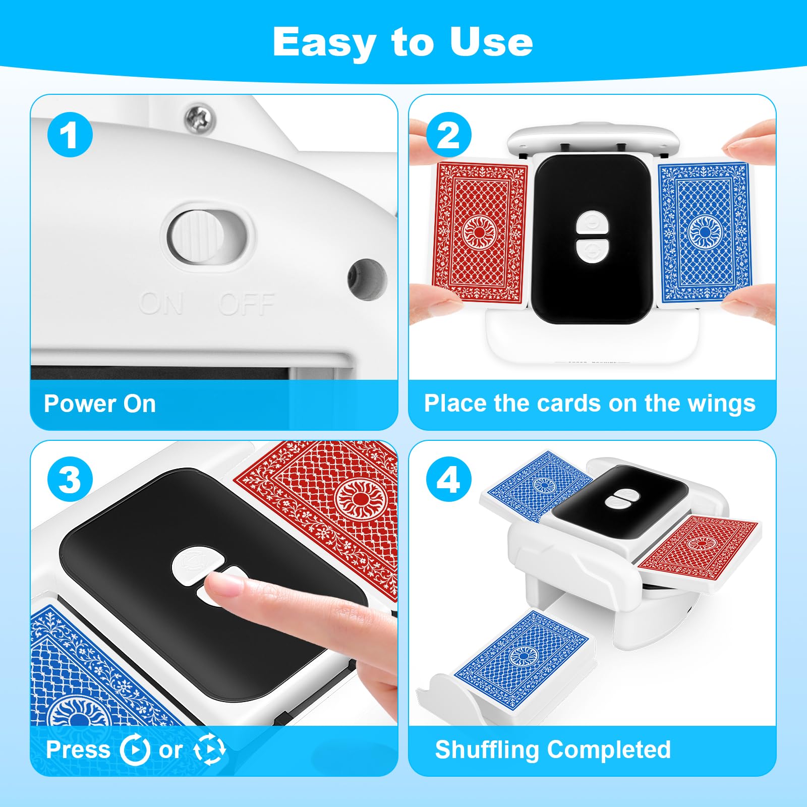 Mélangeur de Cartes Automatique, Portable et Rechargeable, Manuelle, Silencieux, pour 1 à 2 Jeux de Cartes, Compatible avec Poker, Blackjack, Skip-Bo et Phase 10