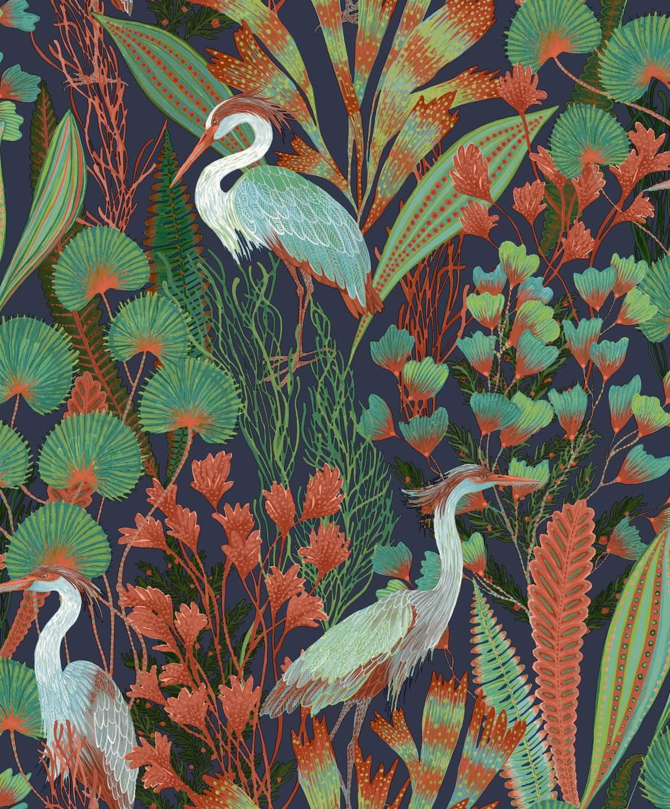 Grandeco Tropical Crane Navy Textured Wallpaper