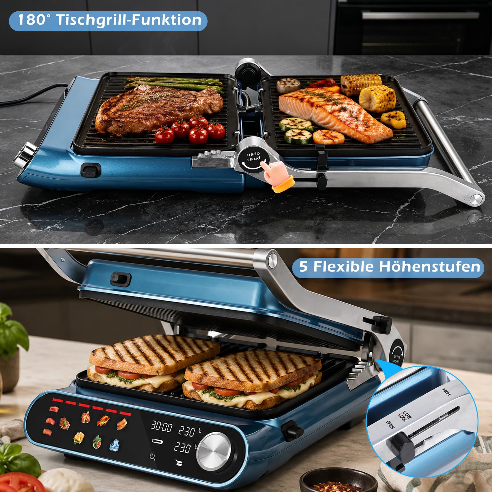 Taylor Swoden XXL Kontaktgrill 3-in-1 mit Intelligenter Dickenerkennung & Separater Temperaturregelung, 9 Programme, Abnehmbare Grillplatten Spülmaschinenfest, 180° Tischgrill für 6-8 Personen