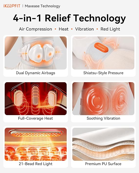 IKEEPFIT Back Massager for Pain Relief Deep Tissue with Heat & Air Compression, [2026 Upgraded] Portable Cordless Heating Pad with Vibration & AirInflate Lumbar Support, MAXwarm 5.0