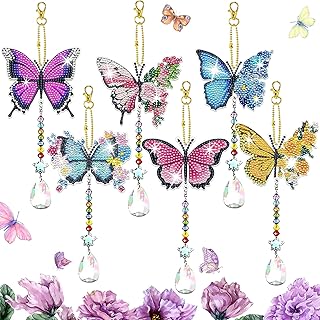 6 Pcs Diamond Painting Butterfly Wind Chimes Kits 5D DIY Crystal Diamonds Painting Suncatcher Christmas Ornament Double Sided Diamond Art Keychains Pendant Best Gifts for Mom