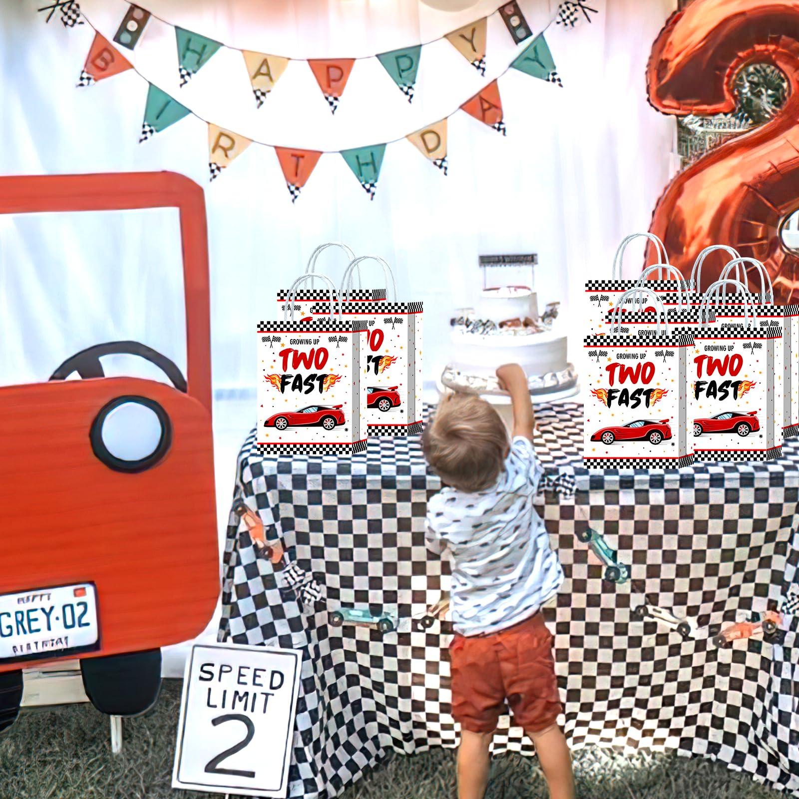 16 Two Fast 2 Curious Race Car Party Goodie Bags - 2nd Birthday Favors With Handles - Snack & Candy Bags For Kids Theme Decor