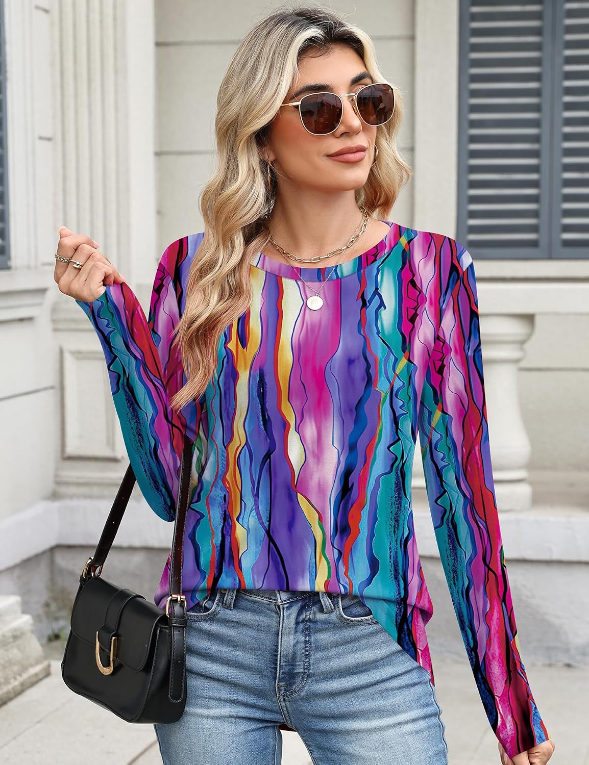  Women Fall Long Sleeve Crew Neck Tops Casual Blouses Pullover Shirts thumbnail
