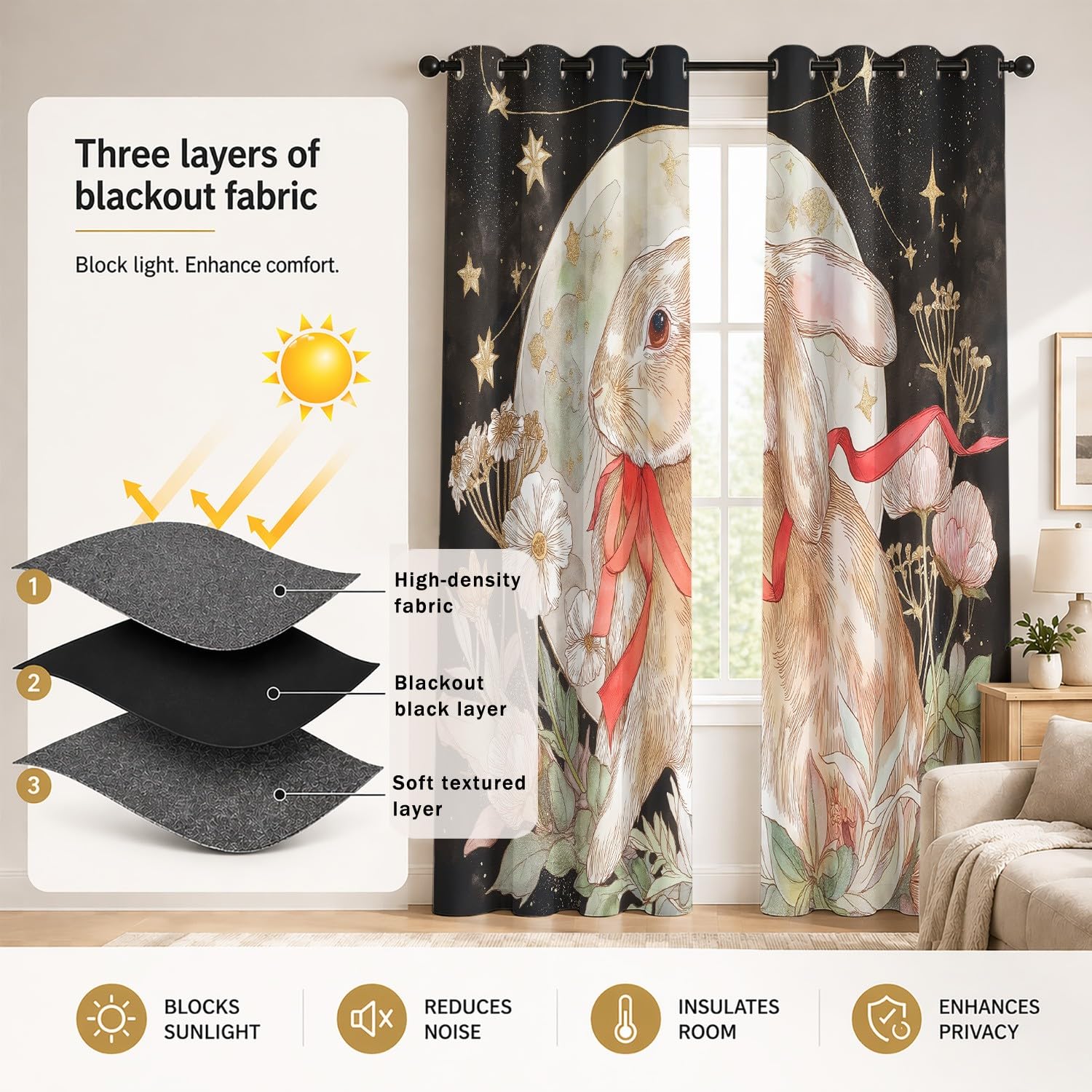 Genérico cuento de hadas onírico - Cortina opaca con flores, rodeada, diseño de conejo con estrellas, cortinas térmicas, ventana, decoración con ojales para salón, dormitorio, 140 x 240 cm, 2 paneles
