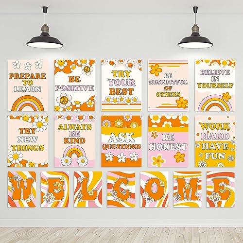 17 pósteres de bienvenida retro Groovy para el aula, diseño hippie de arco iris, carteles motivacionales, decoración de tablón de anuncios para el