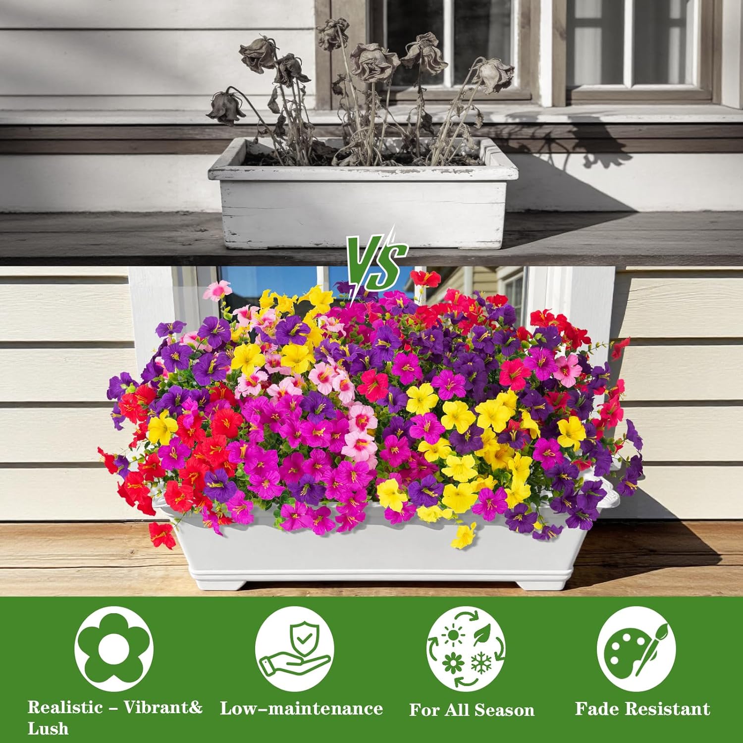 INQCMY Artificial Fake Petunias Flowers for Outdoors Spring Summer Decoration, 12 Bundles Faux Plants Outdoor UV Resistant Realistic Silk Flower for Outside Planters Patio Porch Yard Window Box