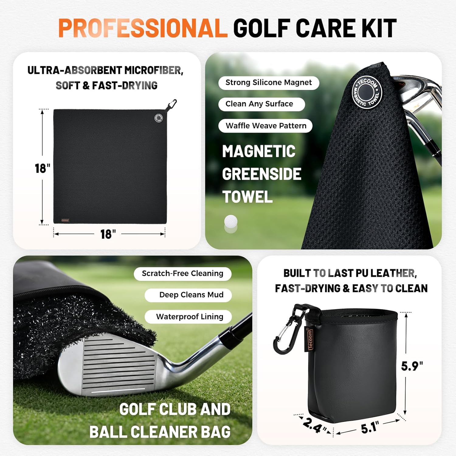 Tecoom Magnetic Golf Towel-Black, Premium Ultra Absorbent Waffle Microfiber, Golf Club and Ball Cleaning Bag with Three-Layer Waterproof Fabric Technology
