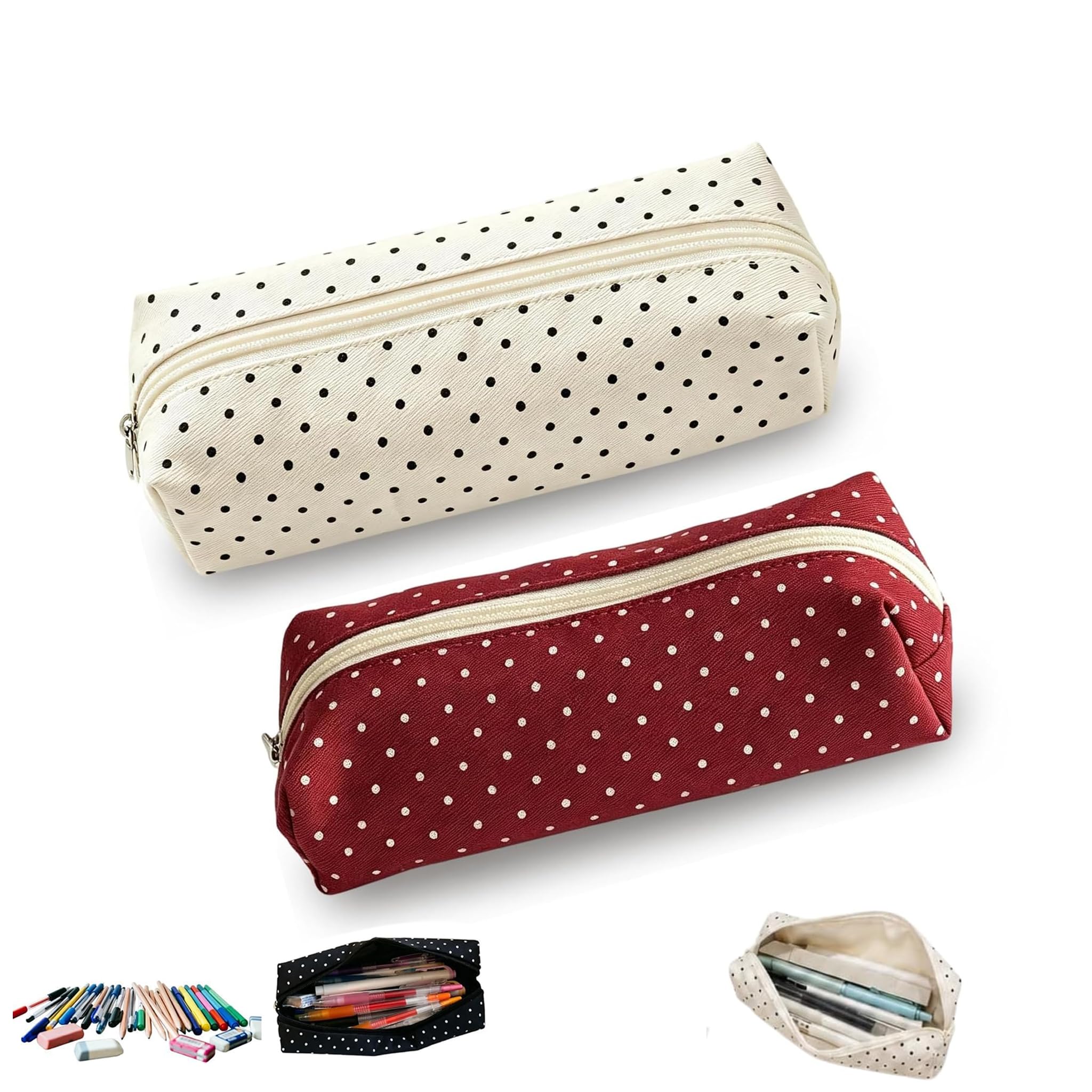 Polka Dot Pencil Case Large Capacity Vintage Aesthetic Pen Pouch (A+C)