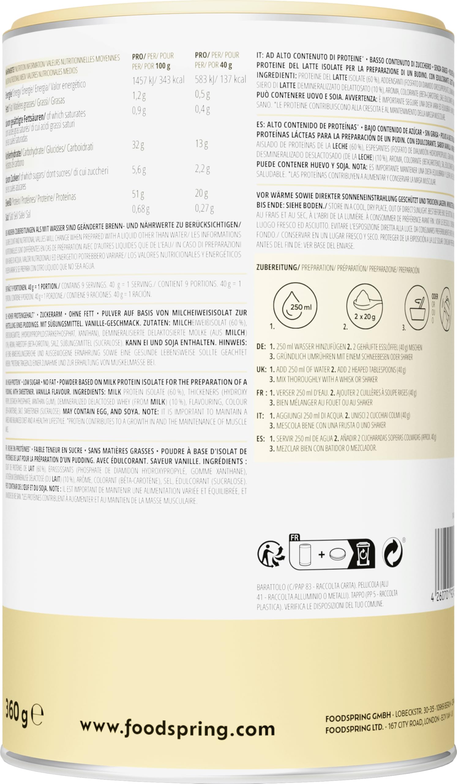 foodspring Pudding Protéiné à la Vanille - Sans Matières Grasses - Dessert faible en Sucre - 20 g de Protéines par Portion - Poudre à Pudding à Préparer - 360g