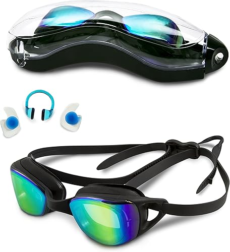Gafas de natación de silicona Stingray, correa ajustable, gafas con lentes espejadas, antivaho y tapones para la nariz y estuche de transporte,