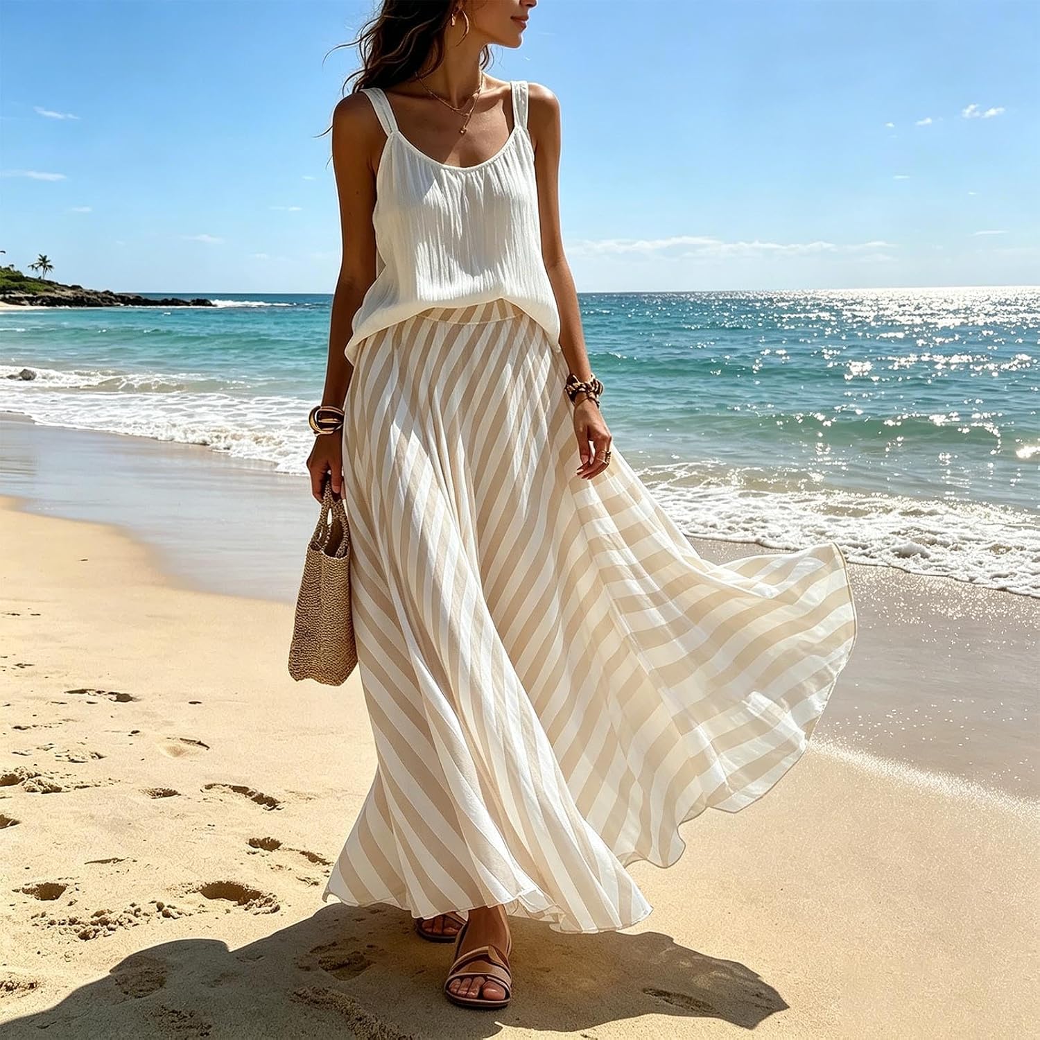 Women's Striped Maxi Chiffon Long Skirts Full Length Beach Skirt | Chiffon Maxi Skirts for Women A-Line Long Skirt Pleated Flowy Casual Striped Summer Beach Vacation Trendy Loose Fit Skirts