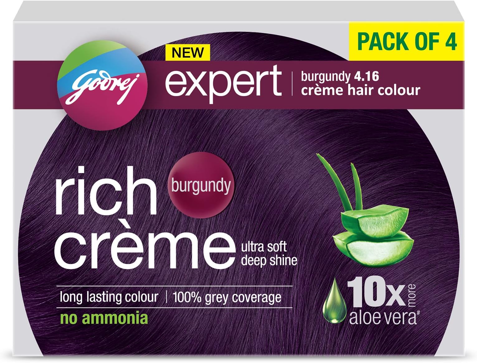 Godrej Expert Rich Creme Hair Colour Sachet - Pack of 4 Burgundy 4.16 (80g+80ml) | with Aloe Vera & Milk Protein | No Ammonia