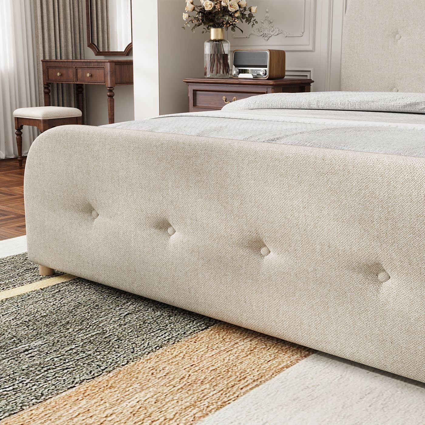 Lovinouse King Size Bed Frame with Storage Drawers, Large King Size Platform Bed Frame with Button Tufted Upholstered Headboard and Footboard,No Box Spring Needed,Vintage Gray Metal Bedframe King-Size