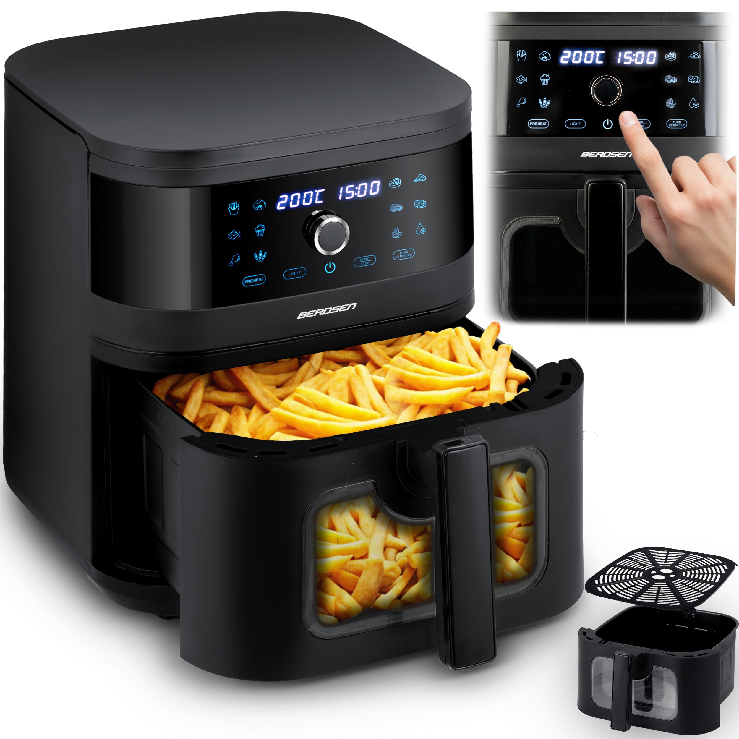 Berdsen Frytkownica Beztłuszczowa XXL 8L - Airfryer z Okienkiem i Ekranem Dotykowym - 1700W - 12 Programów - Zdrowo bez Tłuszczu - Czarna
