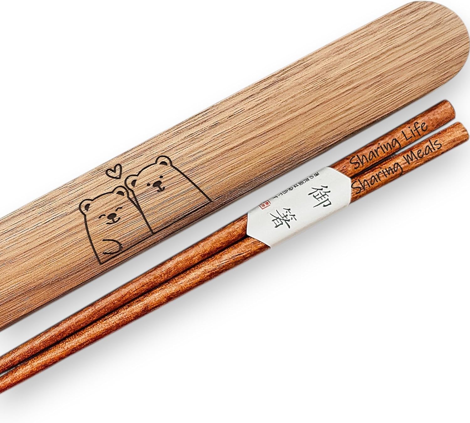 Engraved Walnut Chopsticks Set in Box – 5th Anniversary Gift for Him or Her, Personalized Wooden Gift for Couple, Custom Keepsake, Bear Family Chopsticks