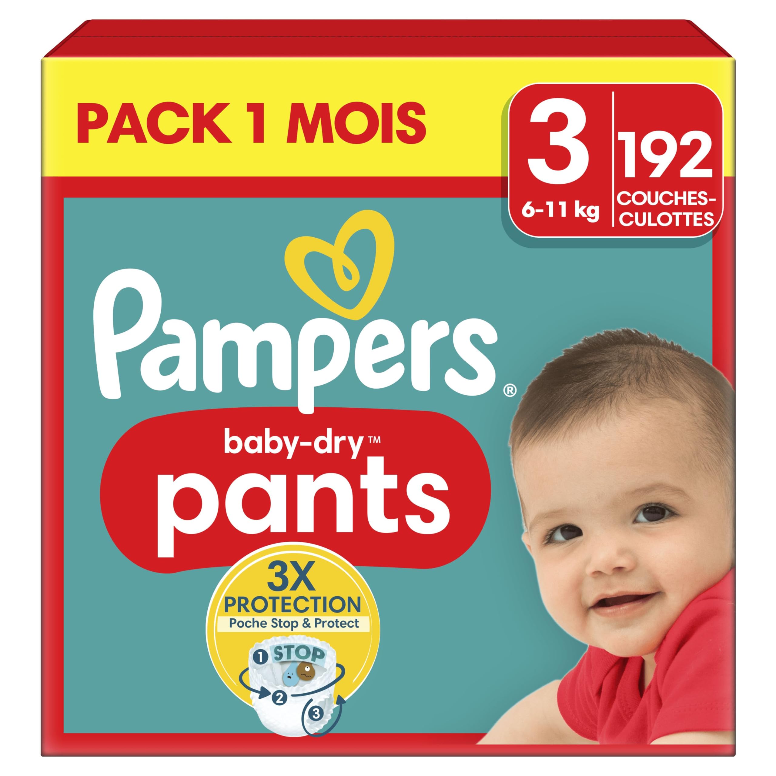 Pampers Couches-Culottes Baby-Dry, Taille 3, 192 Couches, 6kg - 11kg, Avec Une Poche Stop & Protect Pour Éviter Les Fuites À L’Arrière