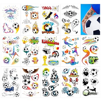 Qpout 14 Sheets Soccer Temporary Tattoos Soccer Ball Tattoos for Kids Boys World Cup Soccer Fake Tattoo Sticker, Children Birthday Party Bag & Stocking Filler Kids Game Gifts Party Favour Supplies