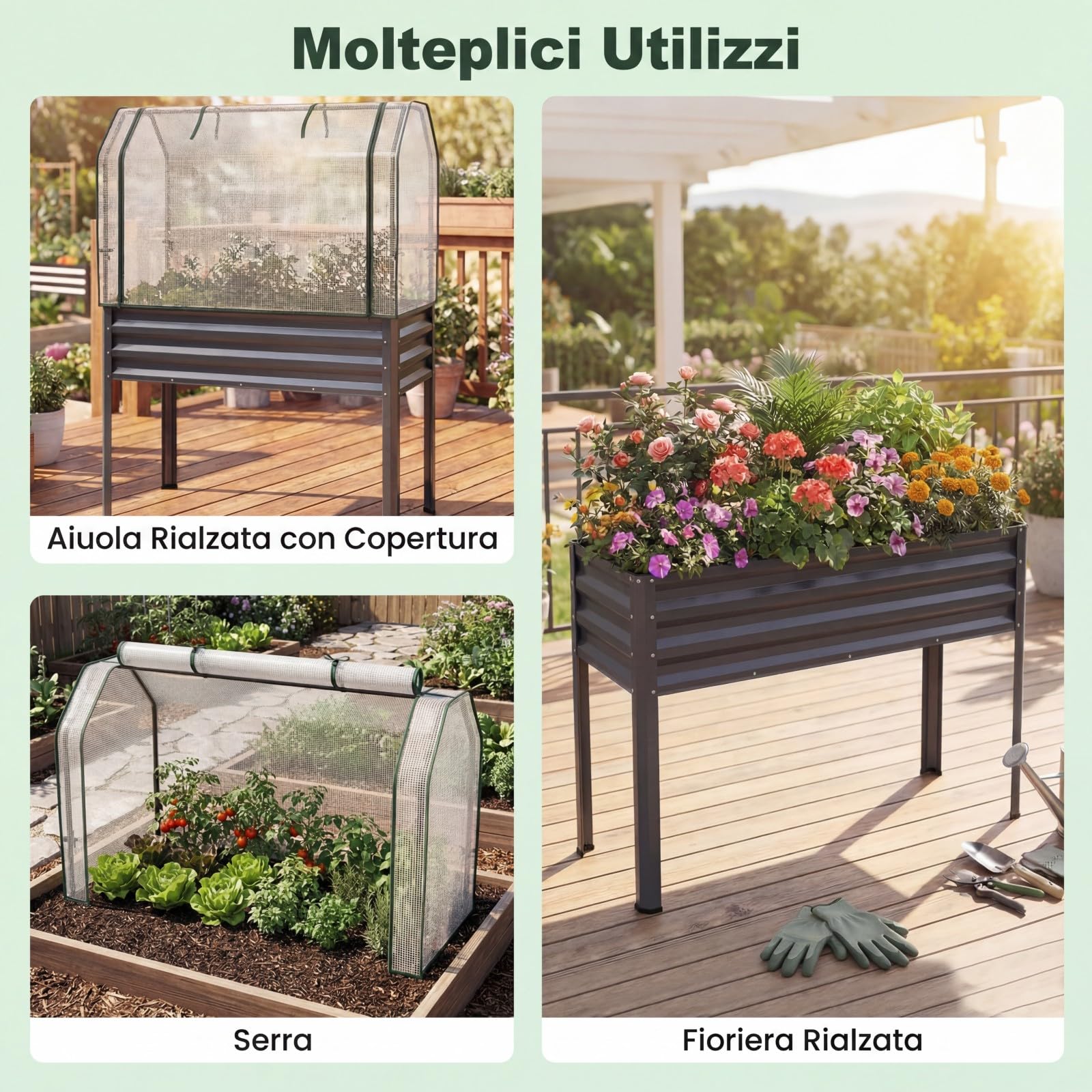 COSTWAY Orto Rialzato da Esterno con Serra, Fioriera Rialzata con Copertura in PE, Porta Avvolgibile con Cerniera e Guanti, Aiuola Rialzata per Verdure, Fiori e Frutta, 112 x 55 x 152 cm (Grigio)