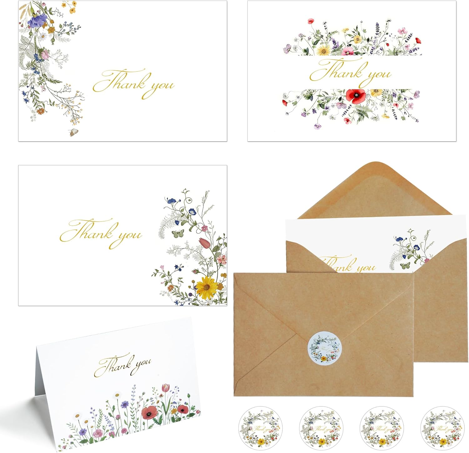 24 Pack Wildflower Thank You Cards With Envelopes Set (4"x6") - Elegant Gold Foil Thank You Notes With Adhesive Envelopes & Matching Stickers for Wedding, Bridal Showers, Baby Showers, Birthday, All Occasion