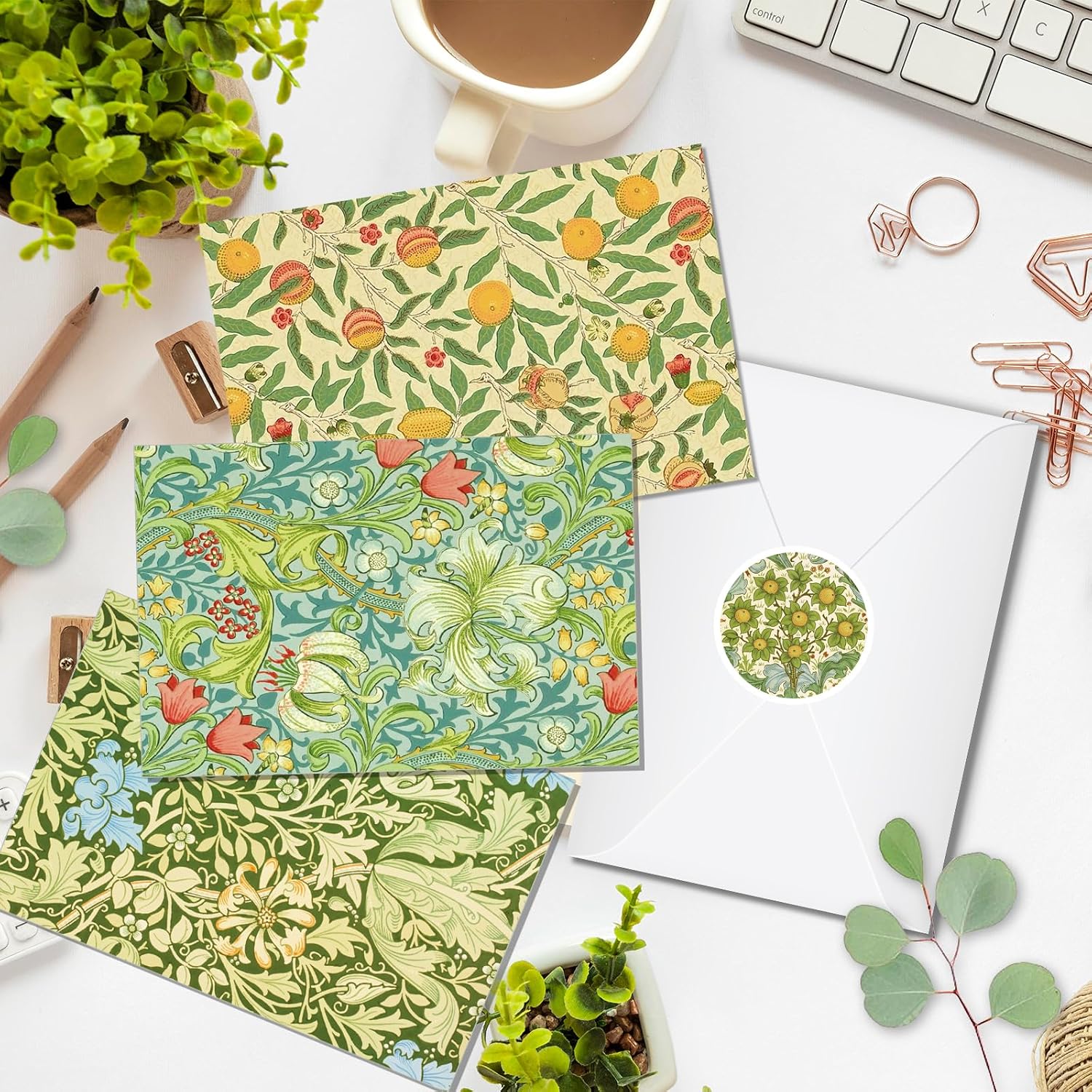24 Pack William Morris Greeting Cards with Envelopes & Stickers - 4x6 Inch Vintage Floral Leaves Retro Botanical Flower Blank Note Cards for Wedding, Birthday Greetings, Baby Shower, Thank You & More