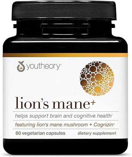 Youtheory Lion's Mane Plus - Suplemento de hongos con Cognizin - Ofrece enfoque y apoyo cerebral* - 60 cápsulas vegetarianas