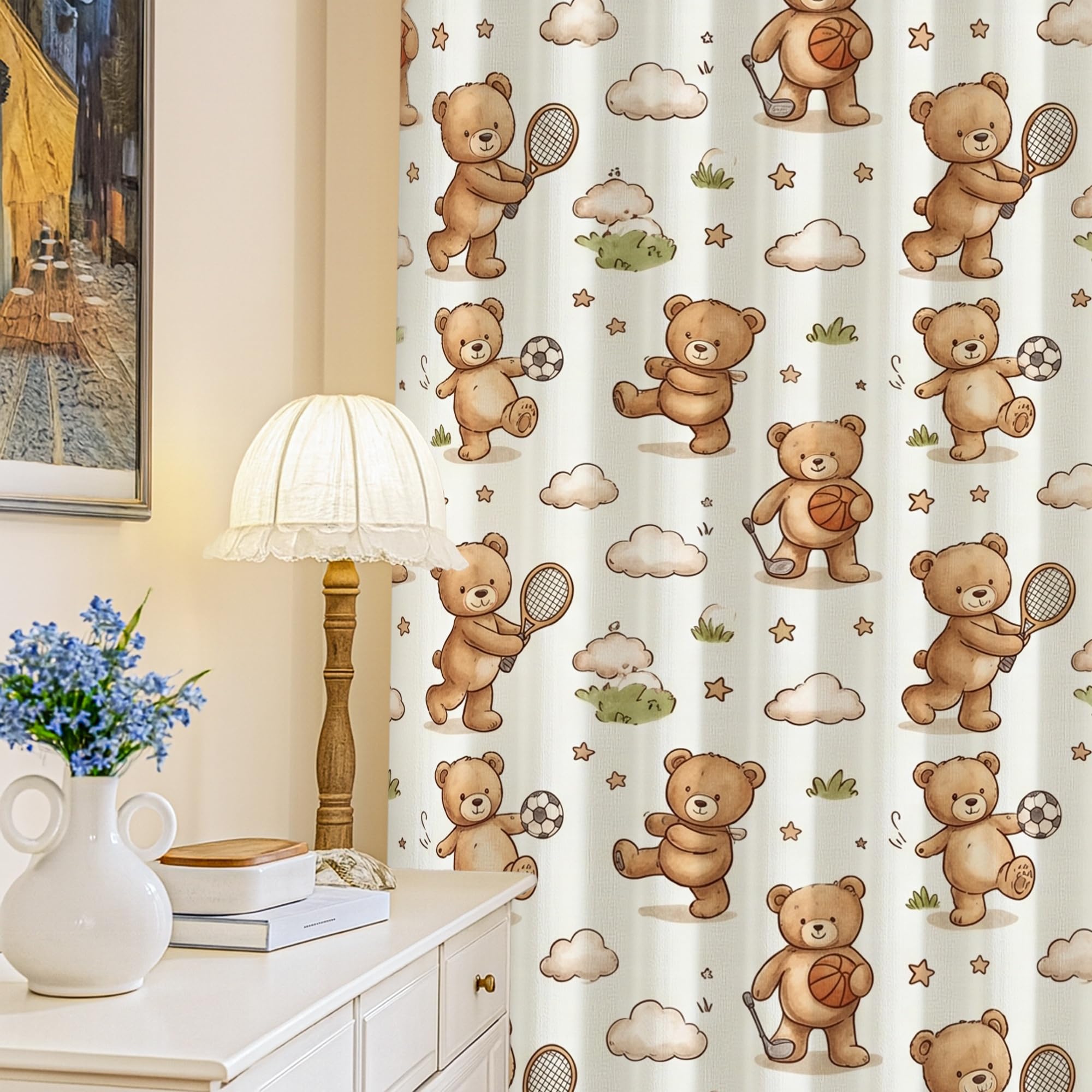 Teddybär-Verdunkelungsvorhänge, verspielte Fantasie, Wolkenstern, Frühling, Beige, maschinenwaschbar, Fensterpaneele für Wohnzimmer, Zuhause, Büro, Fensterdekoration, 132 x 213 cm