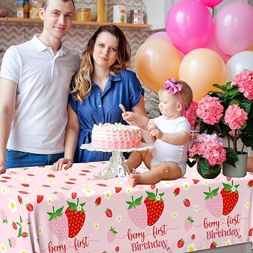 Berry First Birthday Decor, 3Pcs Strawberry Tablecloth Plastic Table Cover Strawberry 1st Birthday Decorations for Girl