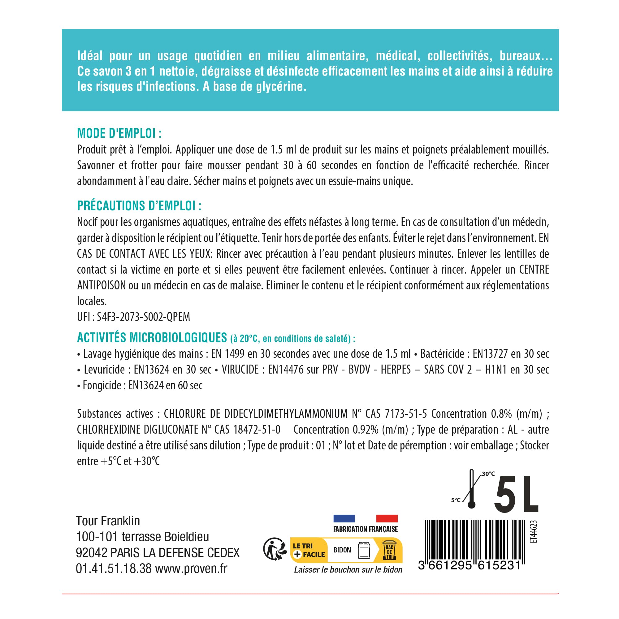 Wyritol - Savon liquide désinfectant - Nettoie, dégraisse et désinfecte - Virucide, bactéricide, levuricide, fongicide - Formule naturelle - Adoucit les mains - 5L - Fabrication française