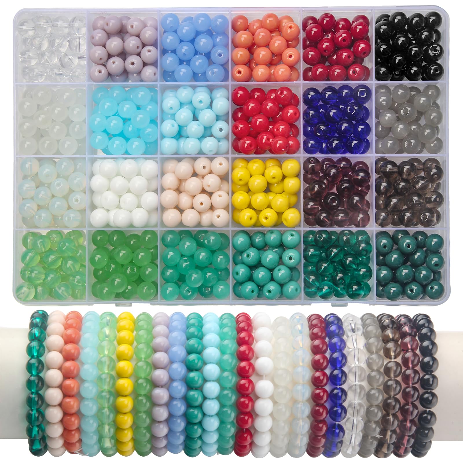 Premium Glass Beads for Jewelry Making, Never Fade, 600Pcs 24Color 8mm Crystal Beads for Bracelet Making Kit, DIY Earrings Necklaces Rings, Perfect for Beads Lover