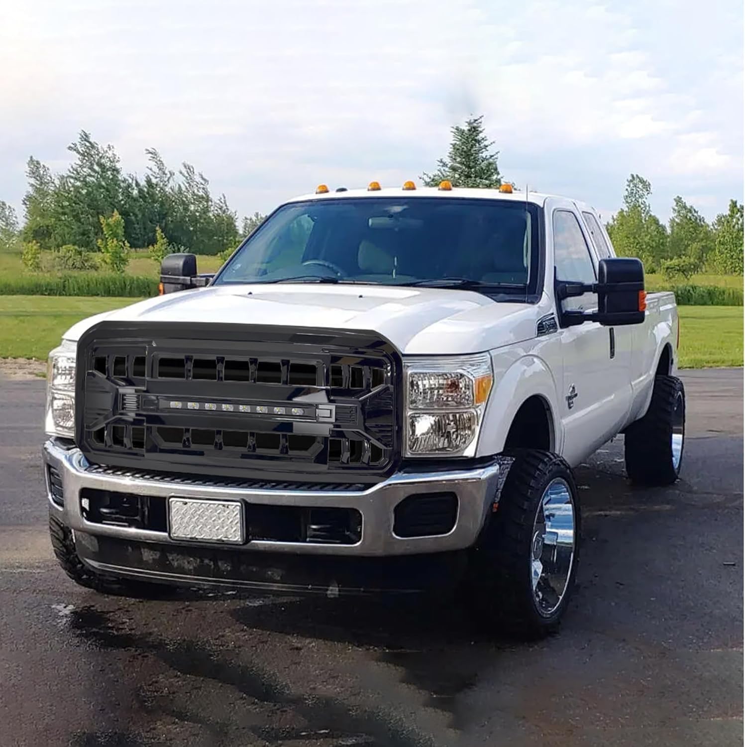 AMERICAN MODIFIED Front Armor Grille Compatible with 2011-2016 Ford F250, F350, F450, and F550 Super Duty, Direct Fit Replacement Grille with Off-Road Lights, Glossy Black