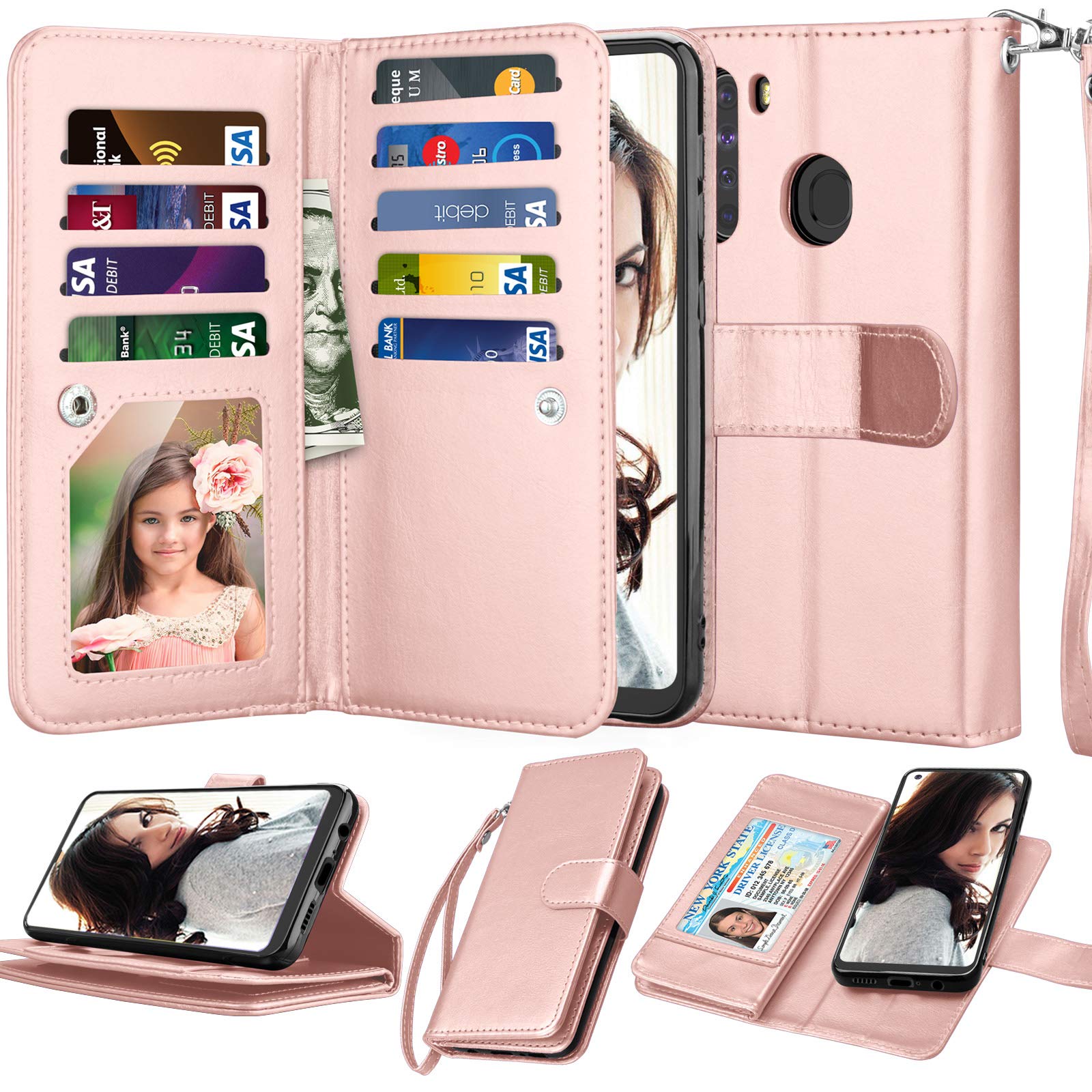 Njjex Galaxy A21 Case, for Samsung Galaxy A21 Wallet Case 2020, [9 Card Slots] PU Leather ID Credit Holder Folio Flip [Detachable] Kickstand Magnetic Phone Cover & Lanyard for Samsung A21 [Rose Gold]
