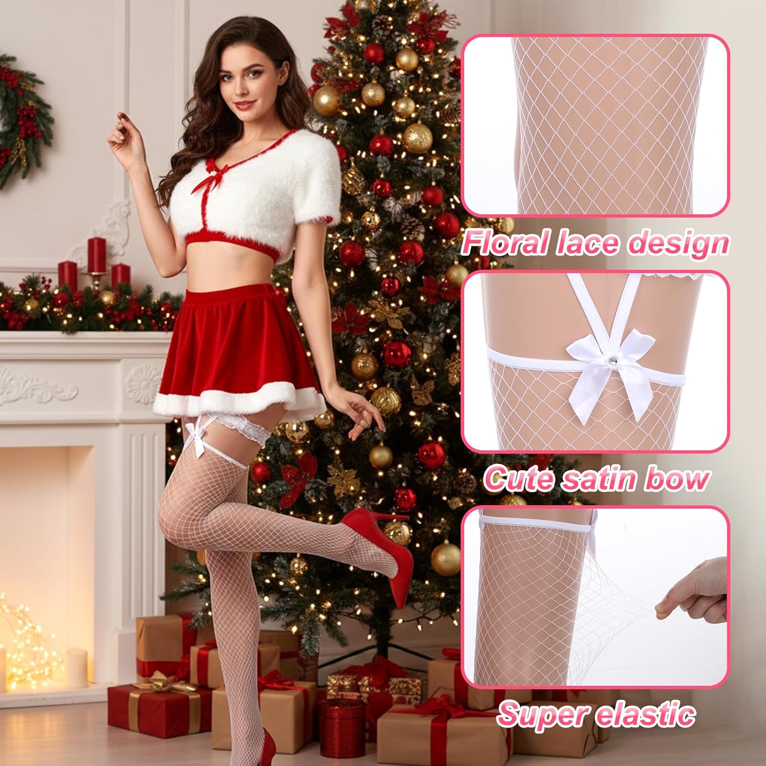 Fishnet White Thigh High Stockings, 1 Pairs Women Fishnet Stockings Bow Suspenders Over Knee Socks for Women Floral Lace Pantyhose for Cosplay Party - Image 3